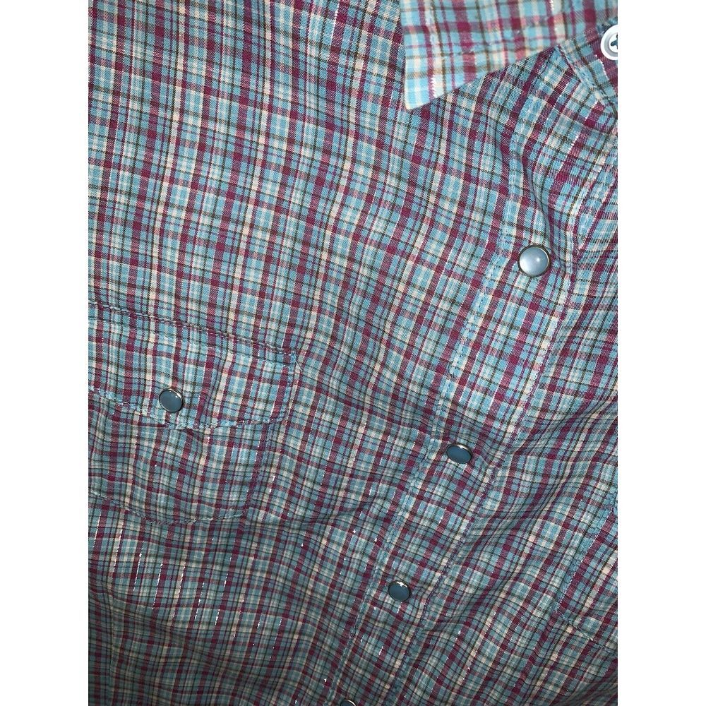 Women's L Blue Pink Sparkle plaid Wrancher Wrangler Short Sleeve Pearl Snap - Picture 16 of 16